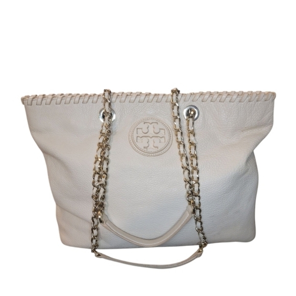 Tory Burch Handbags - 🚫SOLD🚫 Tory Burch Ivory Marion Whipstitch Trim Pebbled Leather Chain Tote Bag